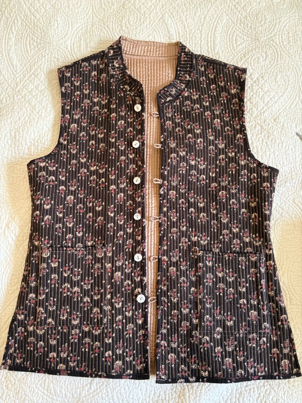 Quilted Floral Button Front Vest in brown, gold, and pink